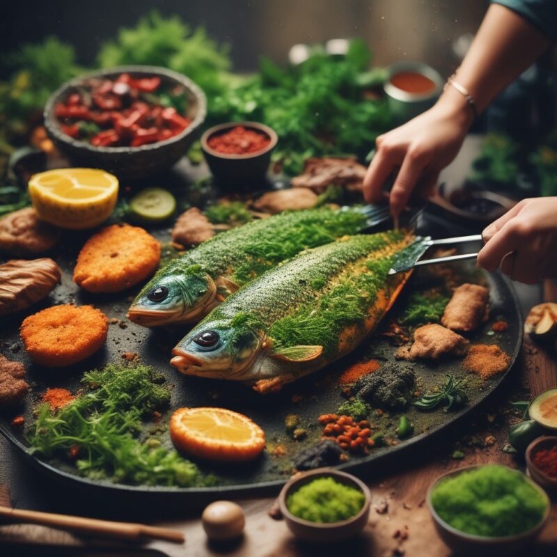 دو ماهی در کنار ادویه های متنوع و خوش طعم